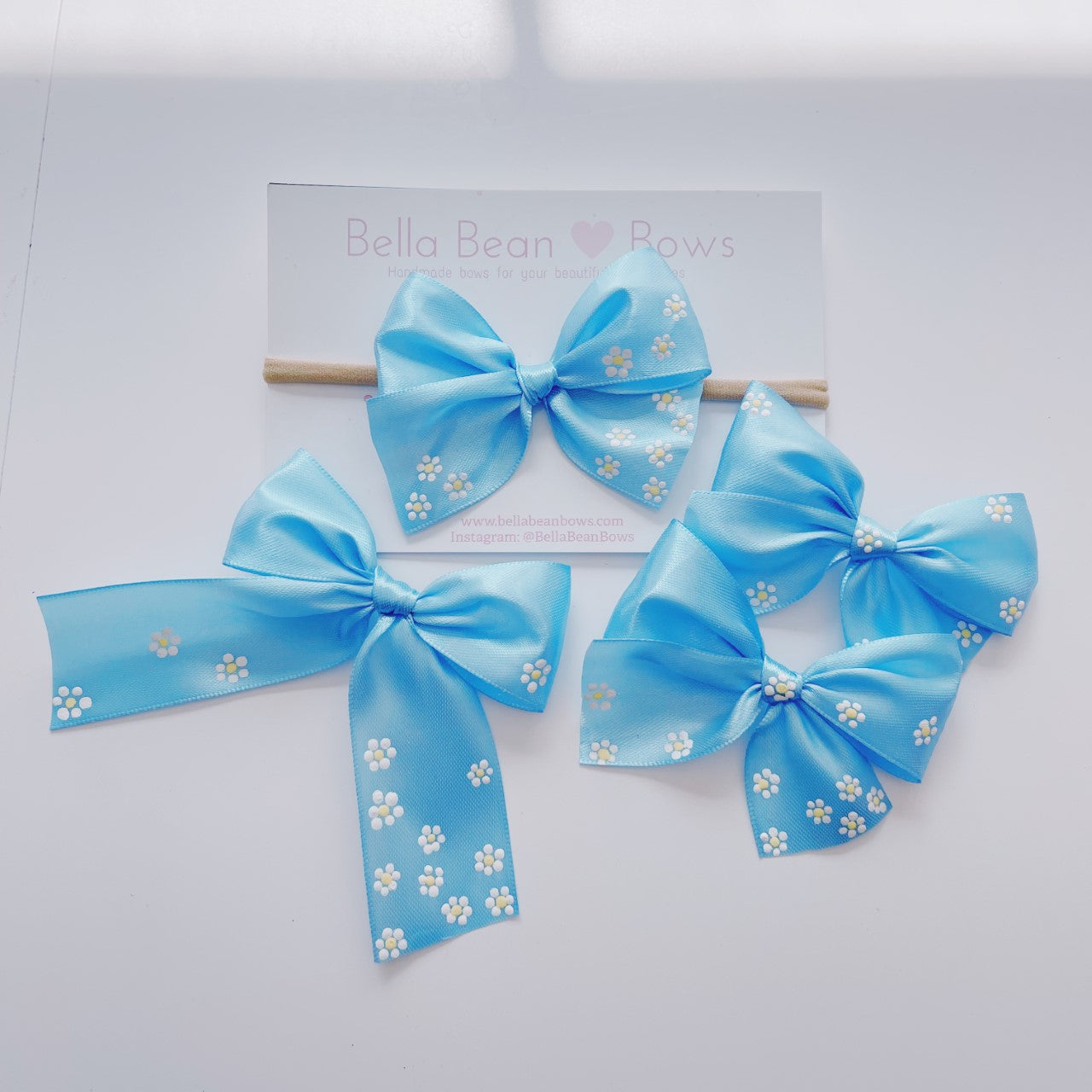 Satin Bow ~ 1.5" // Hand-painted Daisies // Blue-Jay